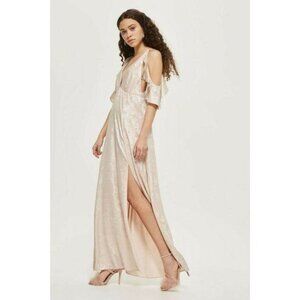 TOPSHOP Dress Nude Metallic Foil Shimmer Maxi Dress Cold Shoulder SZ 12 NEW